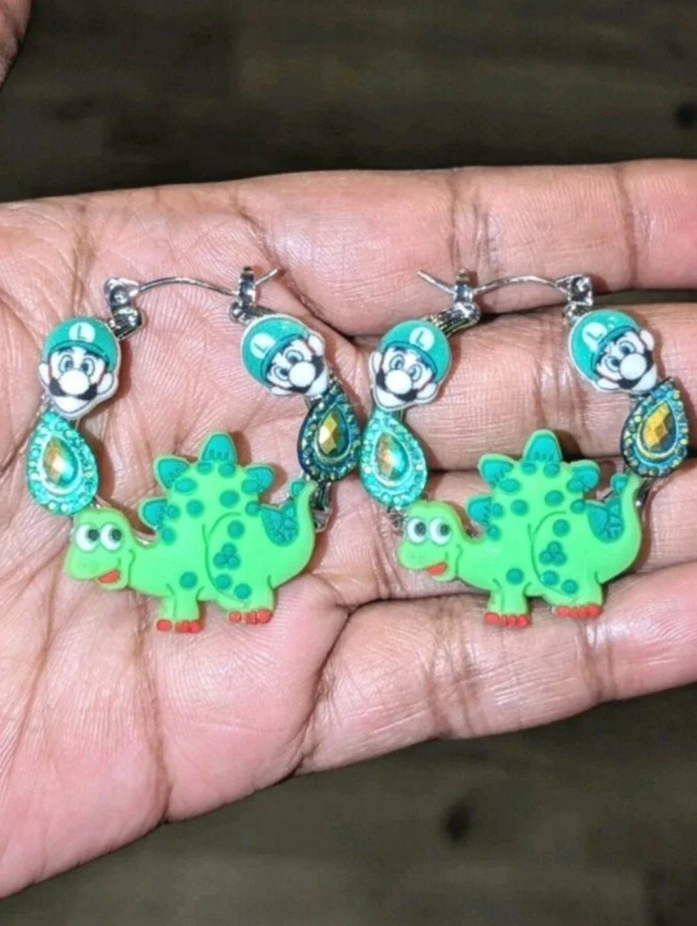 Hand CRAFTED Luigi Dinosaur Hoop Earrings Green For Kids And Adults - Picture 10 of 10